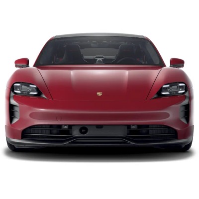 Sleek front view of the Porsche Taycan GTS